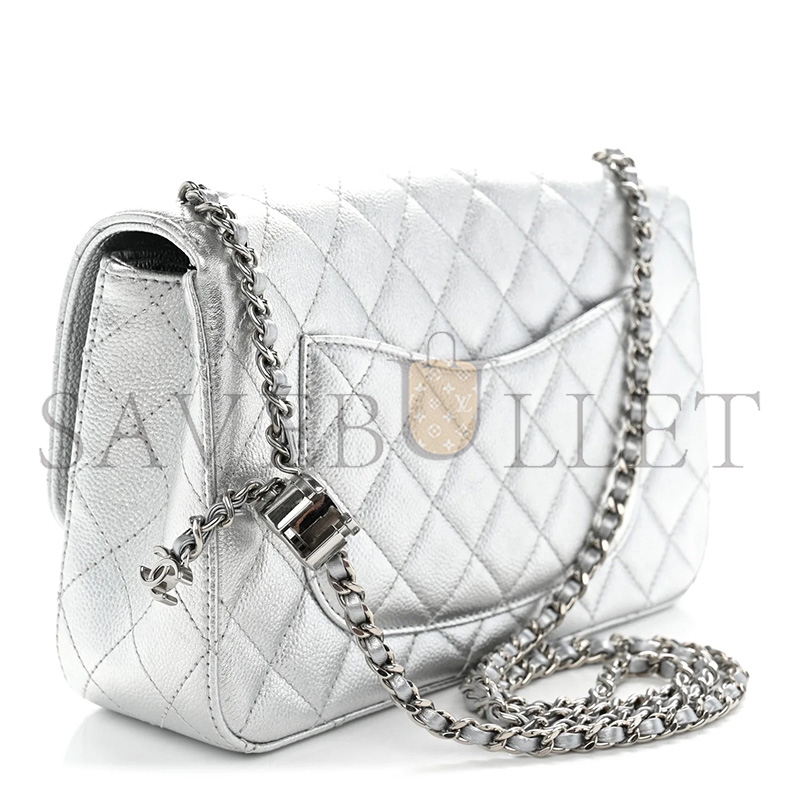 CHANEL METALLIC CAVIAR QUILTED MEDIUM CC SLIDE FLAP SILVER AS5756 (23.5*14.5*7cm)